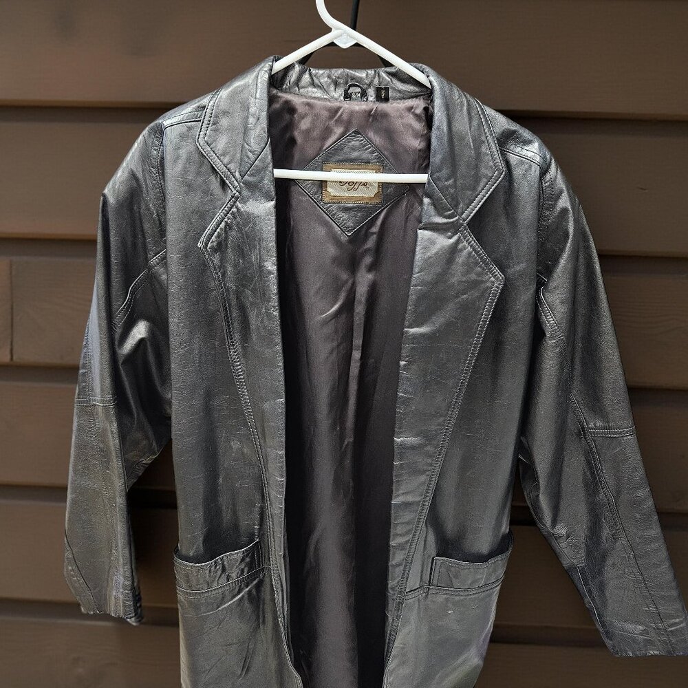 Vintage Toffs Black Leather Jacket Womens Size S/M Oversized Mid Length